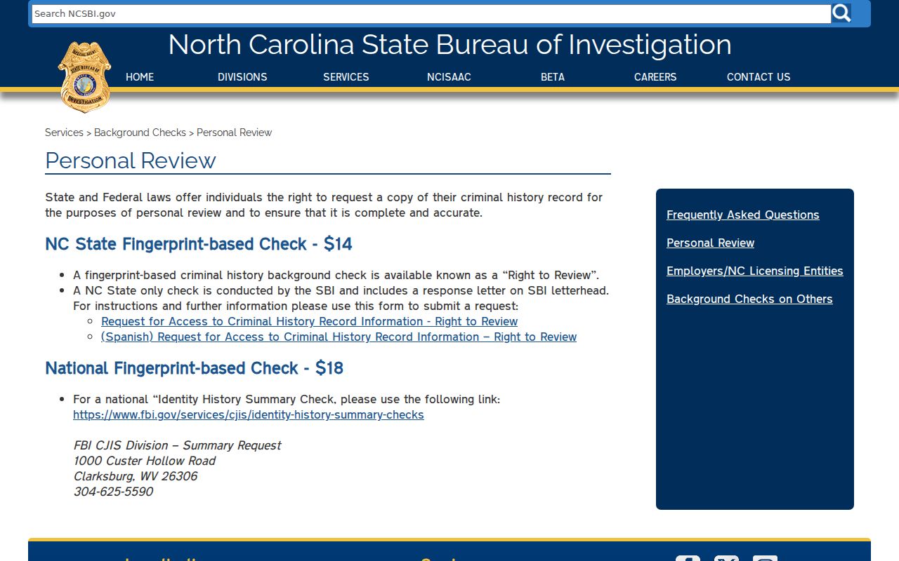 Craven County criminal history SBI Right to Review information